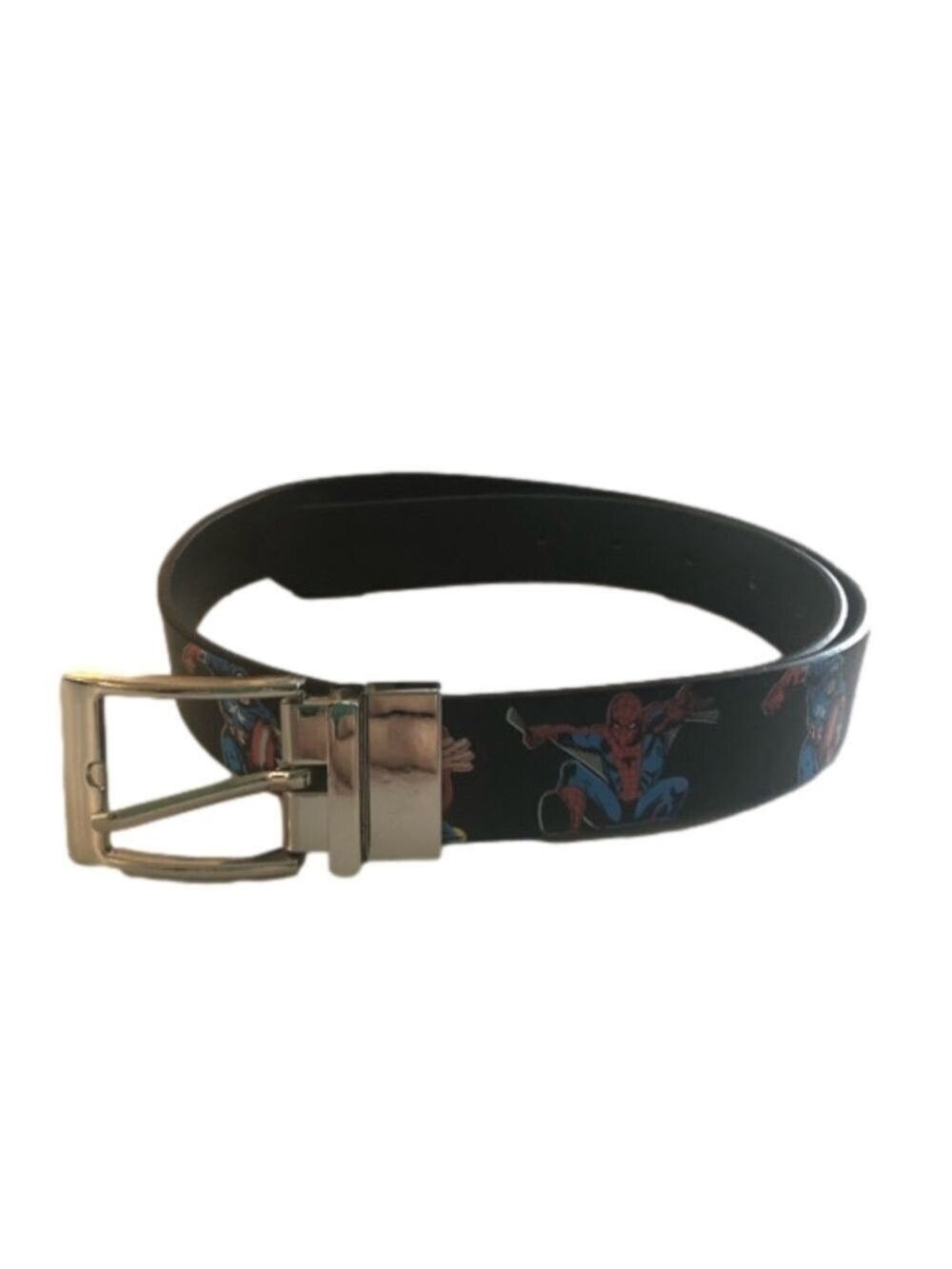 Marvel faux leather belt with Marvel characters. Silver tone hardware size L